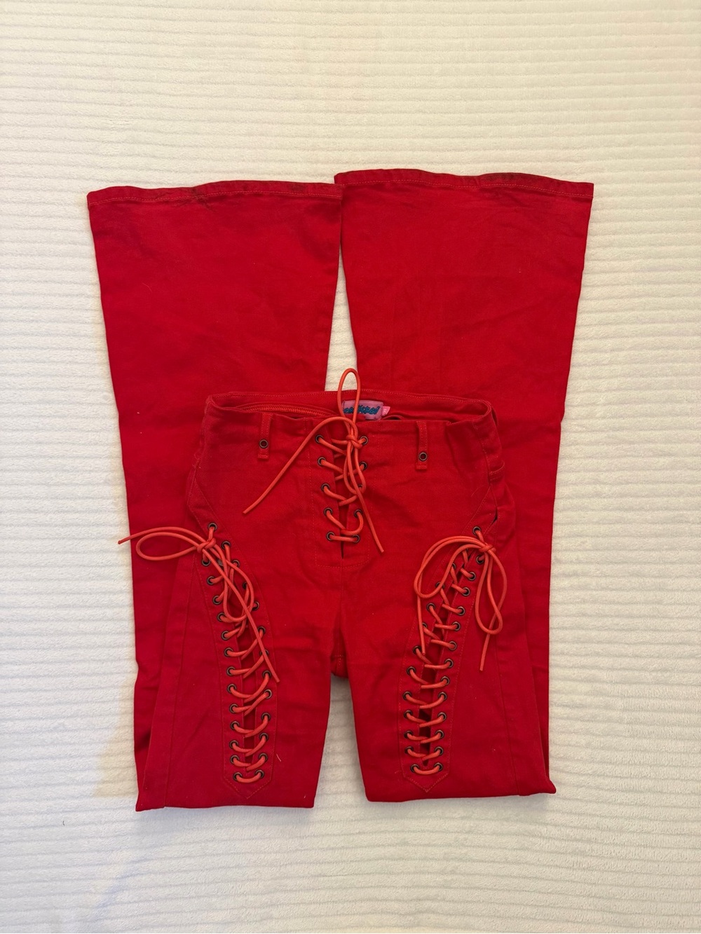 Edikted Red Lace-Up Flare Jeans